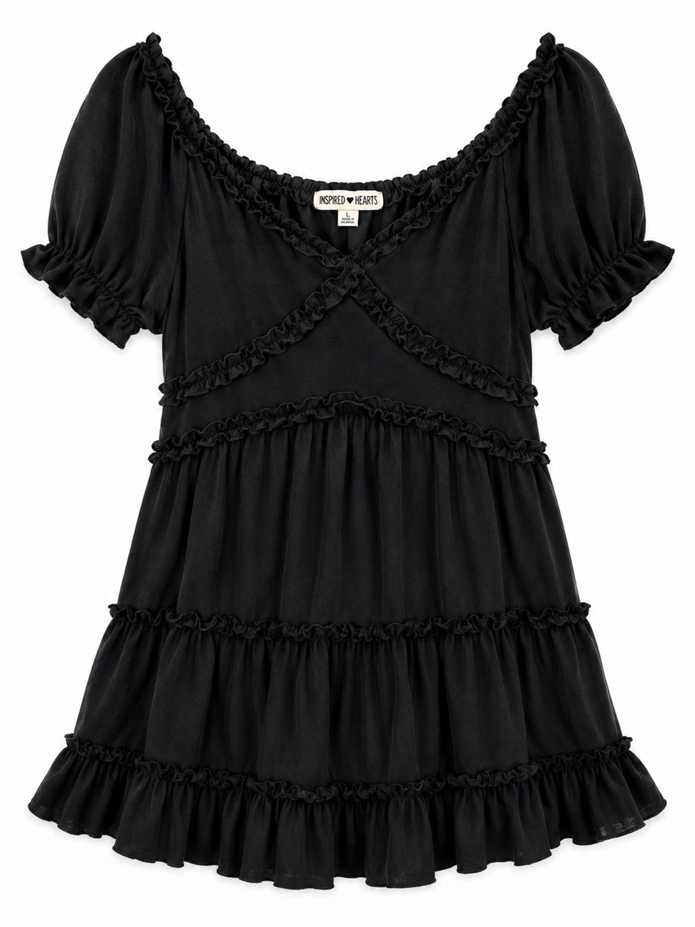Inspired Hearts Black Ruffle Tunic Top Size L Puff Sleeve Romantic Boho